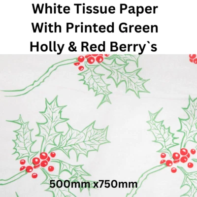 PURELY PACKAGING Christmas White Tissue Paper With Red Berry & Green Holly Wrapping