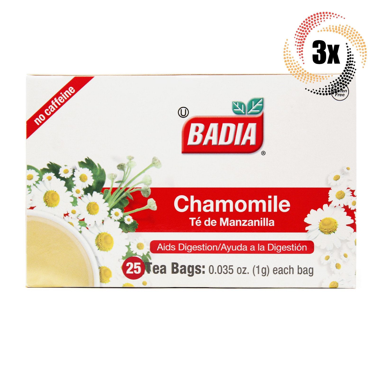 3x Boxes Badia Chamomile Tea Aids Digestion | 25 Bags Per Box | Gluten Free