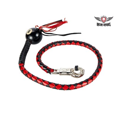 36 Inches Classic Black Red Leather Hand-Braided Biker 8 Pool Ball Get Back Whip
