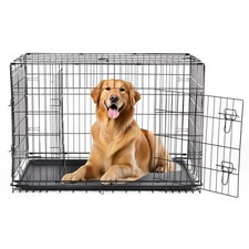 42-Inch Foldable Metal Wire Dog Crate Double Door with Removable Leak-Proof Pan