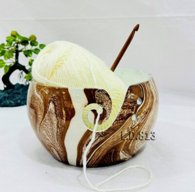 Brown Handcrafted Aluminum Yarn Knitting Crochet Bowl Holder for Skien Yarn Ball