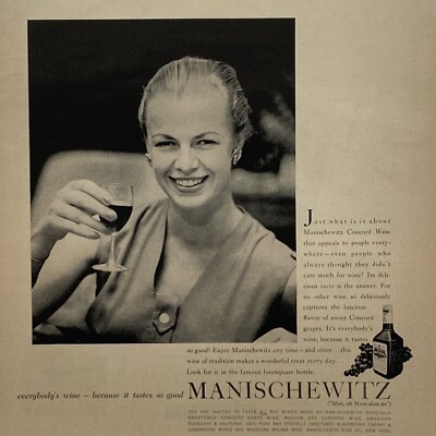 1958 Manischewitz Print Ad Concord Grape Everybody's Wine Happy Lady Smile Drink