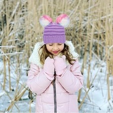 Girl Winter Beanie Double Pompom Furball Knitted Ski Hat Fleece Lined Cap 7-12Y