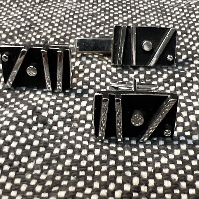 Vintage 60 s Style Geometric Art Deco Cuff links And Tie Clip Set, Signed