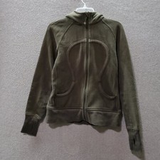 Lululemon Women Jacket 8 Olive Hooded Big Logo Embroidered Full Zip READ