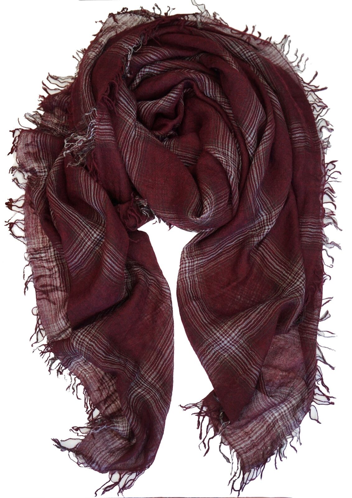 FALIERO SARTI Fringed Burgundy Check Cashmere Silk Scarf Shawl Wrap 63 x 63