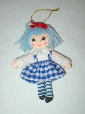 Vtg 1982 Mini 4" Cloth Doll Yarn Hair Blue & White Plaid Dress Wallace Berrie