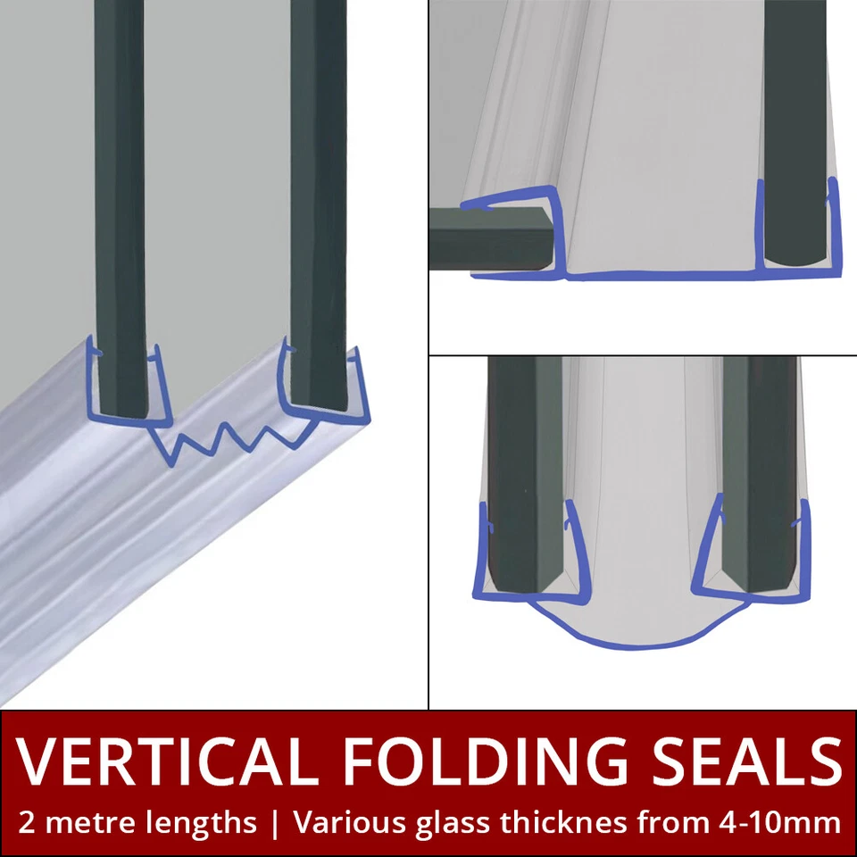Folding Vertical Shower Seal | 2 Metres Long | 4-10mm Glass | For Door Enclosure