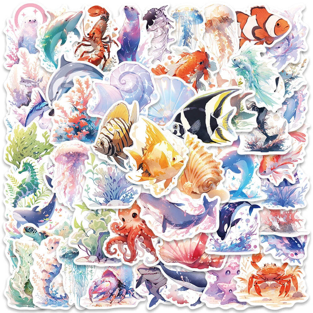 50pcs Cute Cartoon Marine Organism Stickers Vinyl Laptop Water Bottle Decals Lug