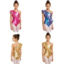Kids Girls Bodysuit Sparkly Gymnastics Athletic Leotard Stretchy Outfit Ruffles