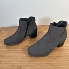 Reiker Grey Block Heel Ankle Boots Fleece Lined Size 5 EU 38 Zipped