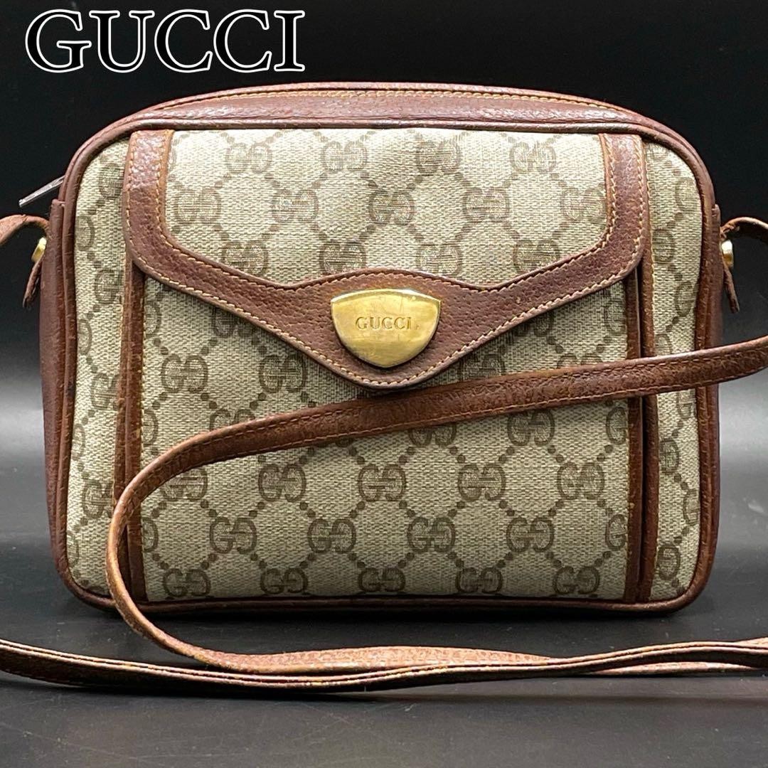 Gucci GG Monogram Brown Beige Leather Shoulder Bag Pre-Owned