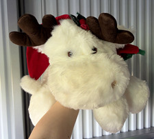 Big Plush White Moose Stuffed Animal With Santa Hat Red Brown Antlers Christmas