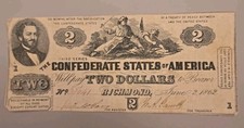 1862 $2 Confederate States of America Two Dollar Bill Richmond