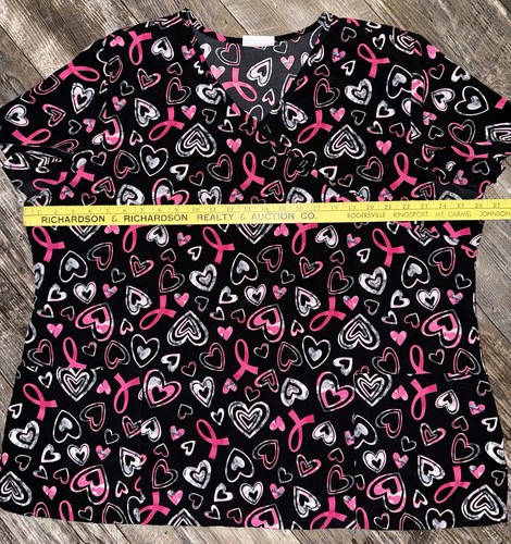 Women’s Scrubs Black Pink Hearts Breast Cancer Awareness Pink Ribbon 2X SEEPICS! - Picture 3 of 16