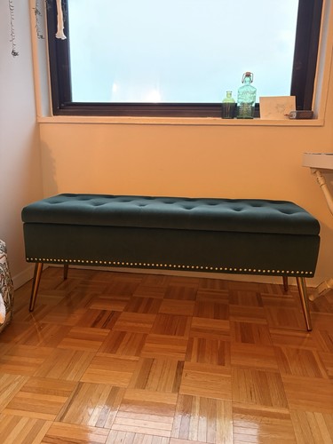 Teal Velvet Upholstered Storage Bench Modern Metal Legs 45.5x15.5x18.5in