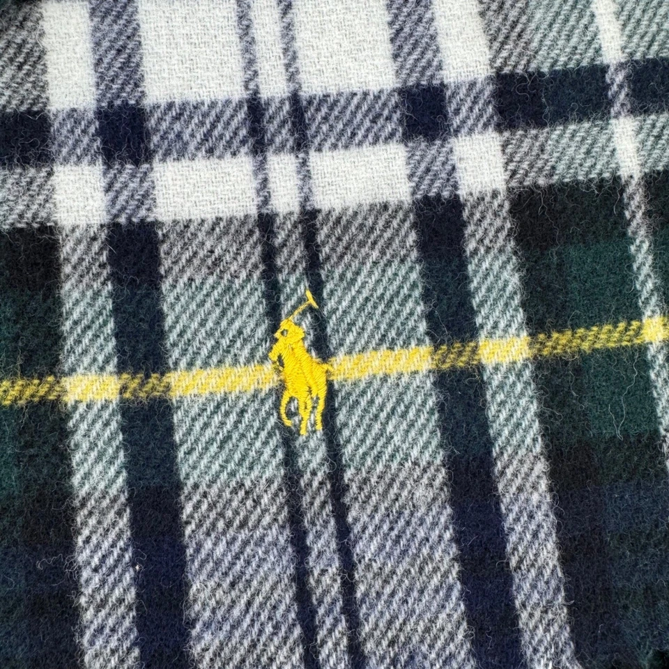 Polo Ralph Lauren Hecho en Italia Tartán Lana Bufanda Pony Logo Italiano Azul Marino Verde Foto 3 de 4