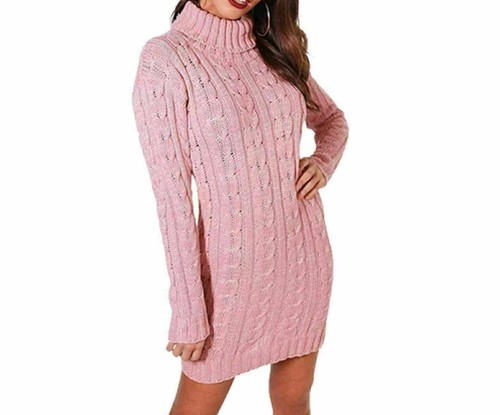 Cuello Polo Mangas Largas Cálido Suéter Jumper Vestido Damas Grueso Tejido por Cable Nuevo - Imagen 5 de 10