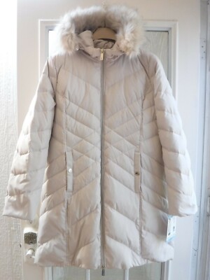 Kenneth Cole Reaction L/Beige Full Zip Hoodie Down Puffer Jacket Women L  ~NWT~