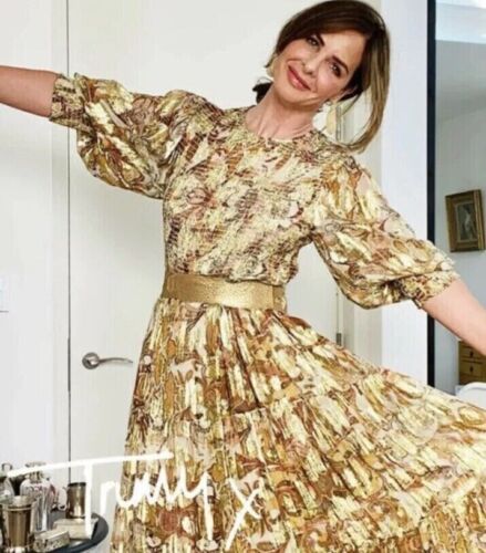 ZARA Gold Beige Metallic Thread Floral Shirred Midi Maxi Dress size L 14 16 - Picture 8 of 10