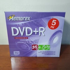 Memorex 5-Pack DVD+R 16x 4.7 GB Blank Media — Brand New / Factory Sealed