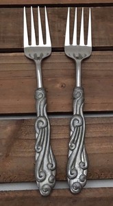2 Pottery Barn Wave Salad Forks Stainless Pewter Handle Flatware
