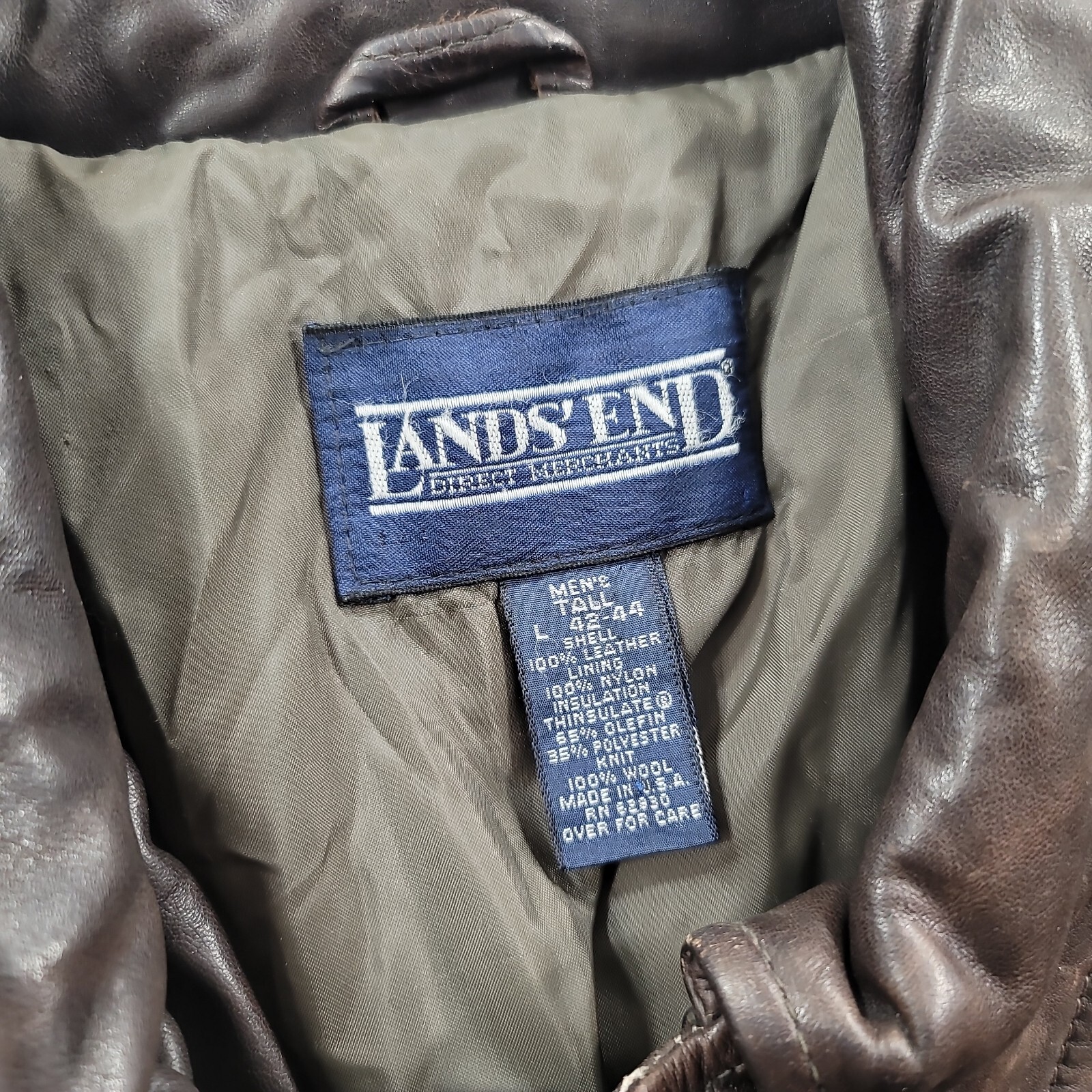 Lands End Leather Bomber Jacket Men Large Tall LT Brown Flight A2 Made