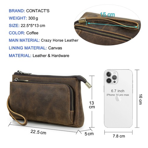 Men's Genuine Leather Clutch Bag Wallet Charger Earphone Cellphone Storage Bag - Picture 7 of 9