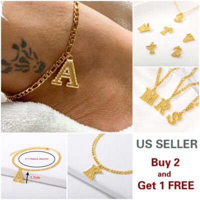 Gold Capital Letter Initial Anklet Bracelet Curb Link Ankle Foot Chain 