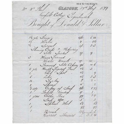 1879 Billhead, Donald & Sellar, Drapers, Trongate, GLASGOW