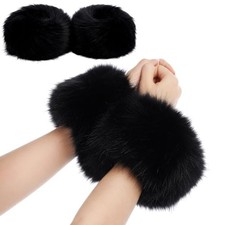 2 Pairs Faux Fur Short Wrist Cuffs Women's Winter Fuzzy Wrist Cuffs Arm Black
