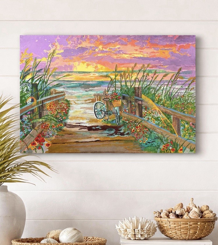 Original Beach Sunset Painting Coastal Boardwalk Bicycle Ocean