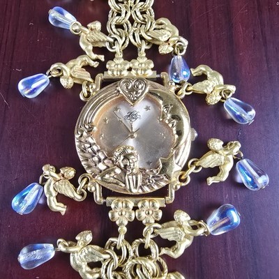 Vintage Kirks Folly Moon Phase Angel Charm Watch Bracelet Boxed