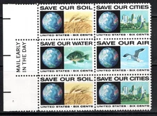 US Stamp Scott #1410-1413, 1413a, 6c, Anti-Pollution, Mail Early Block of 6, MNH