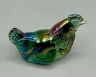 Vintage Fenton green carnival iridescent art glass mini hen figurine W/ Label