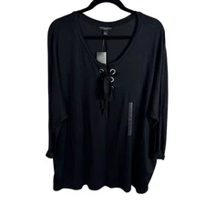 Signature Studio Women's Tunic Top Size 2X Black Long Sleeves Tie Neck NEW
