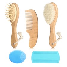 Wooden Natural Goat Bristle Brush and Cradle Cap Comb Set - 5 in 1 Baby Groom...