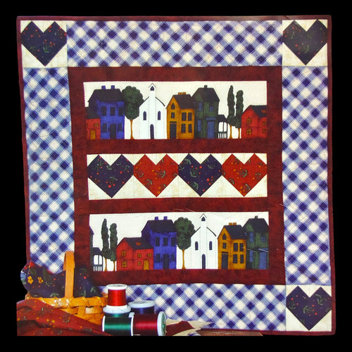 Country Village Wall hanging Quilt Kit - 21x21 Red Blue Gingham Hearts Houses