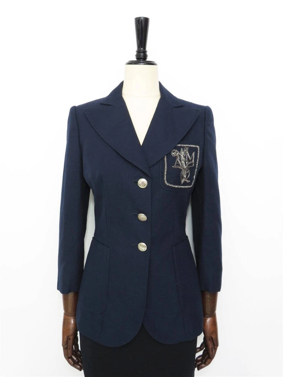 Alexander McQueen — Alexander McQueen Embroidered Tailored Jacket Logo Navy Blue Cotton Size:36