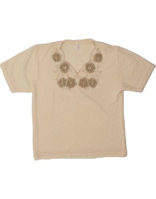 Vintage Damen Grafik T-Shirt Top UK 10/12 Medium beige Blumen BX58
