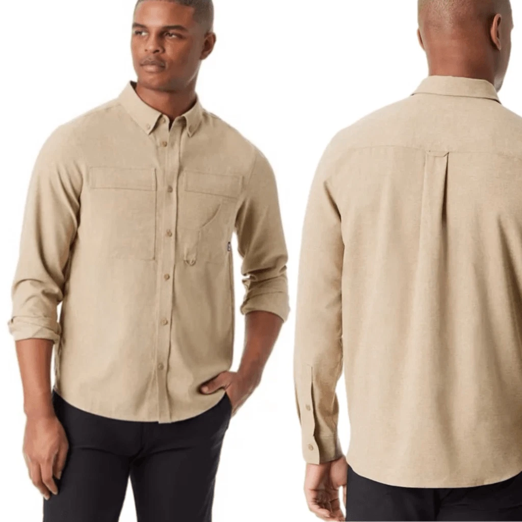 NWT Bass Outdoor Men's Heathered Flannel Sandy Beige color, Button-Down Shirt.
