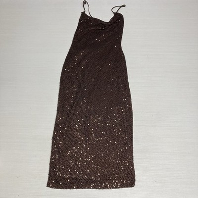 Windsor Brown Strapy Scoop Neck Sequin Beaded Bodycon Mini Dress Women s Medium