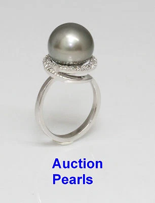 Bague En Perle Tahitienne En Diamant 18kt Or 11 - 12 Mm - Photo 1/4