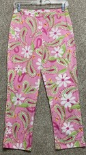 Vintage Lilly Pulitzer Womens Pink Floral Cotton Spandex Straight Leg Pants Sz 2