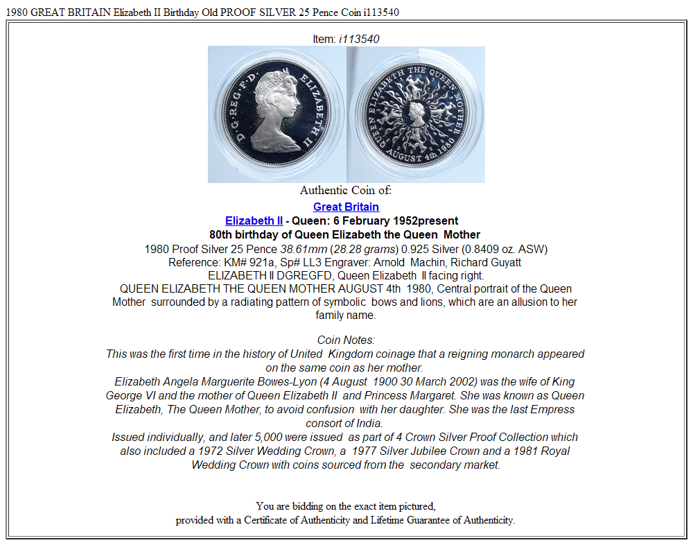 1980 GREAT BRITAIN Elizabeth II Birthday Old PROOF SILVER 25 Pence