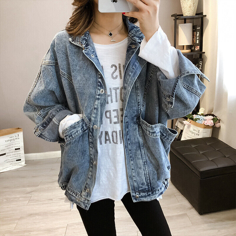 Ladies Vintage Baggy Washed Denim Jacket Two Big Pockets Bf Style Casual  Tops