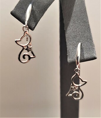 Cute Delicate Cat Shape 925 Sterling Silver Hollow Earrings for Women and Girls
