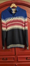 LANDS' END Boys 14-16 Blue Fair Isle Long Sleeve Pull Over Sweater M Sherpa Neck