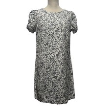 LOFT Petite Black & White Floral Linen Blend Shift Dress Puff Sleeve Size 8P
