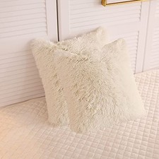 2 Pack Cream Fluffy Faux Fur Pillow Shams,18 18" x 18" Pack of 2 Light Beige